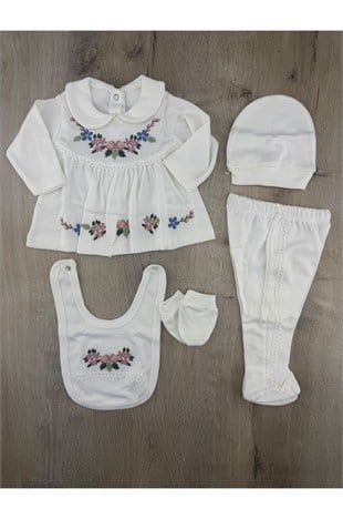 BabyZuhu (0-3 Ay) Renkli Çiçek İşlemeli 5 Li Zıbın Takımı