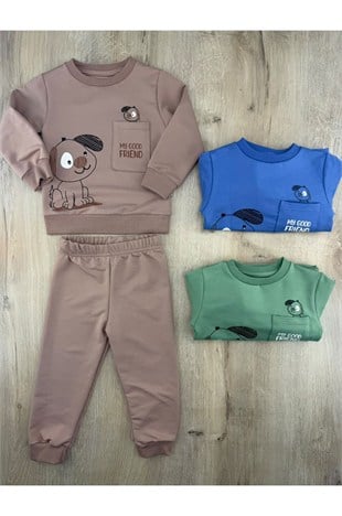 Bambu (1-4 Yaş) Cepli Sevimli Köpek Desenli Mevsimlik Takım