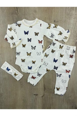 Coşay (3-12 Ay) Kelebek Desenli Saç Bantlı Çıtçıtlı Badili Takım