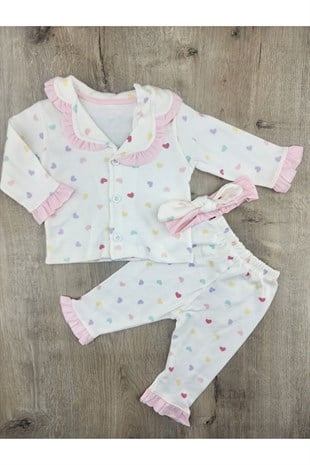 Dolaş (6-24 Ay) Renkli Minik Kalp Desenli Önden Düğmeli Pijama Takımı