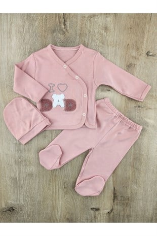 Gonca Bebe (0-3 Ay) Dad Desenli Şapkalı Zıbın Takımı