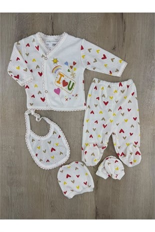 Gonca Bebe (0-3 ay) Renkli Kalp Desenli 5Li Zıbın Takımı
