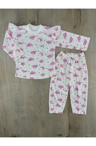 Gonca Bebe (0-6 Ay) Yıldız Bulut Desenli Omuzu Fırfırlı Pijama Takımı