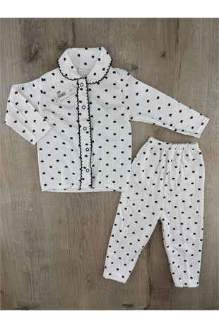 Gonca(1-3 Yaş) Minik Kalp Desenli Yakalı Pijama Takımı