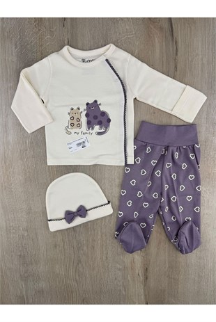 Gümüş (0-3 Ay) My Family Desenli Şapkalı Zıbın Takımı