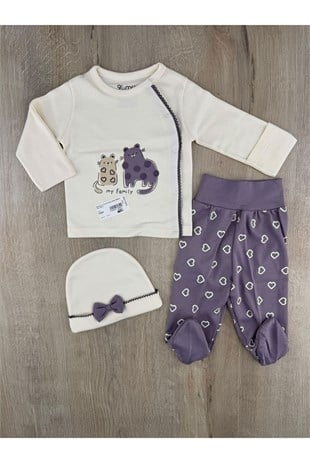 Gümüş (0-3 Ay) My Family Desenli Şapkalı Zıbın Takımı