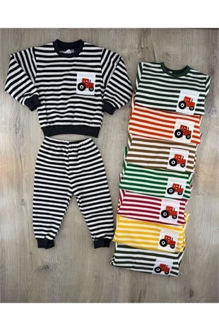 Keskincan (2-5 Yaş) Çizgili Traktör Desenli Şardonlu Takım