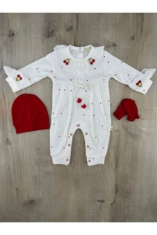 Murat Baby (0-12 Ay) 9359 Kiraz Desenli Şapka Ve Eldivenli Yaka Detaylı Tulum
