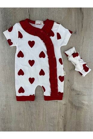 Murat Baby (0-12 Ay) Kalp Desenli Yan Fırfırlı Saç Bantlı Şortlu Tulum