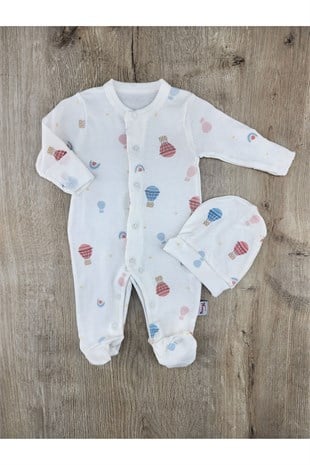 Murat Baby (0-9 Ay) Uçan Balon Desenli Şapkalı Tulum