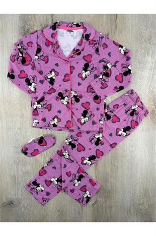 Pijakids (4-12 Yaş) Leopar Kalpli Minnie Önden Düğmeli Pijama Takımı