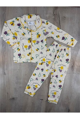 Süpermini (5-14 Yaş) Çiçek Desenli Önü Düğmeli Pijama Takımı