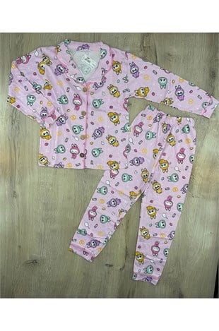 Süpermini (5-14 Yaş) Labubu Desenli Önü Düğmeli Pijama Takımı