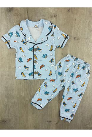 Süpermini(1-6 Yaş) Uçak Desenli Önden Düğmeli Pijama Takımı