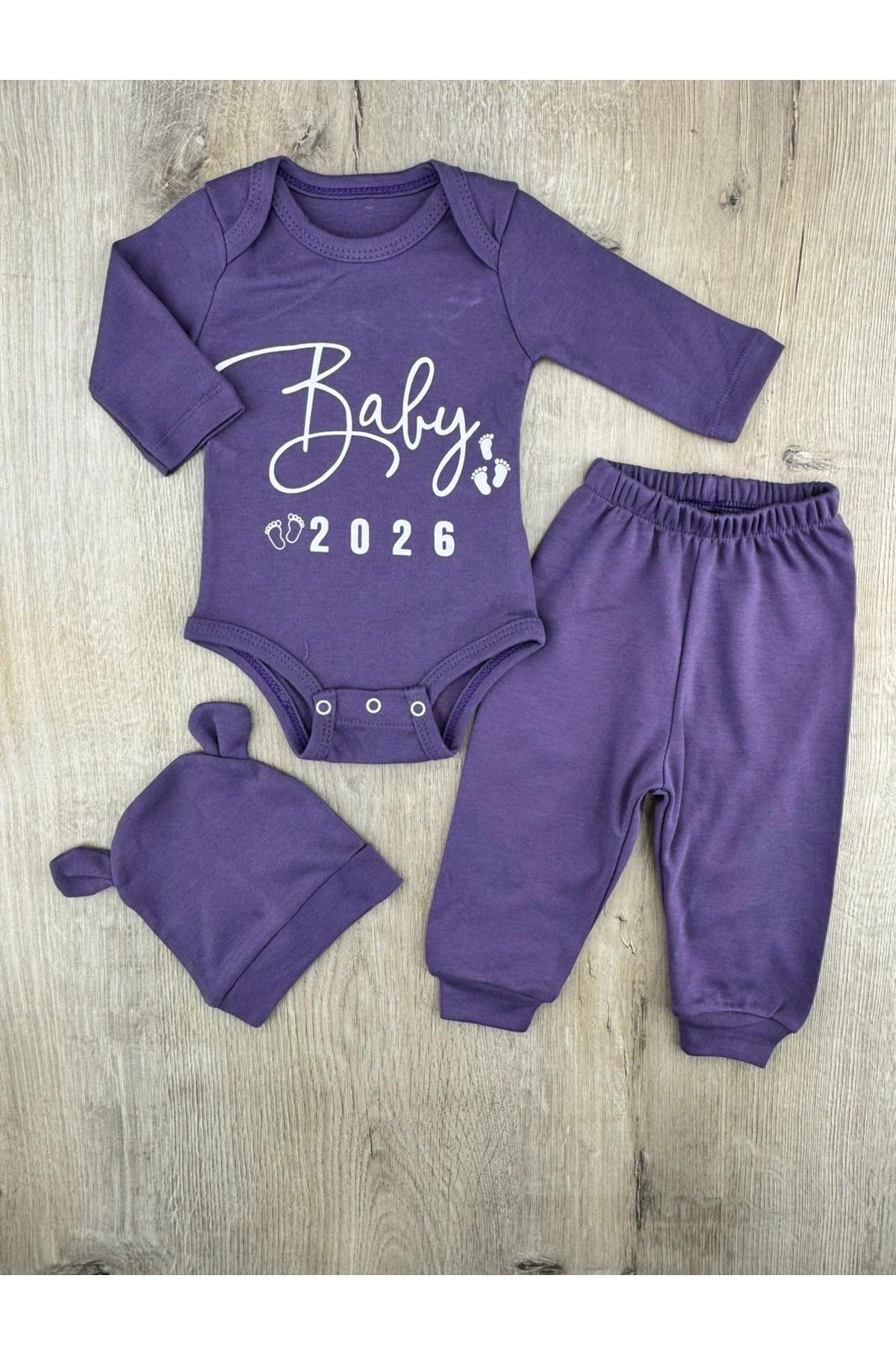 #260143 (3-12 Ay) Baby Yazılı Çıtçıtlı Badili Şapkalı Takım