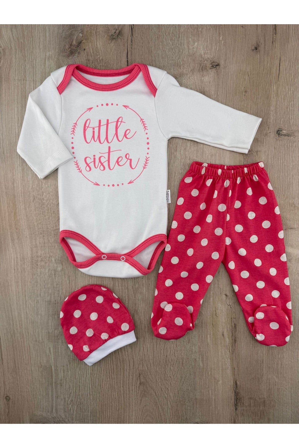 #260305 (3ay-6ay) Little Sister Desenli Çıtçıtlı Badili Şapkalı Takım