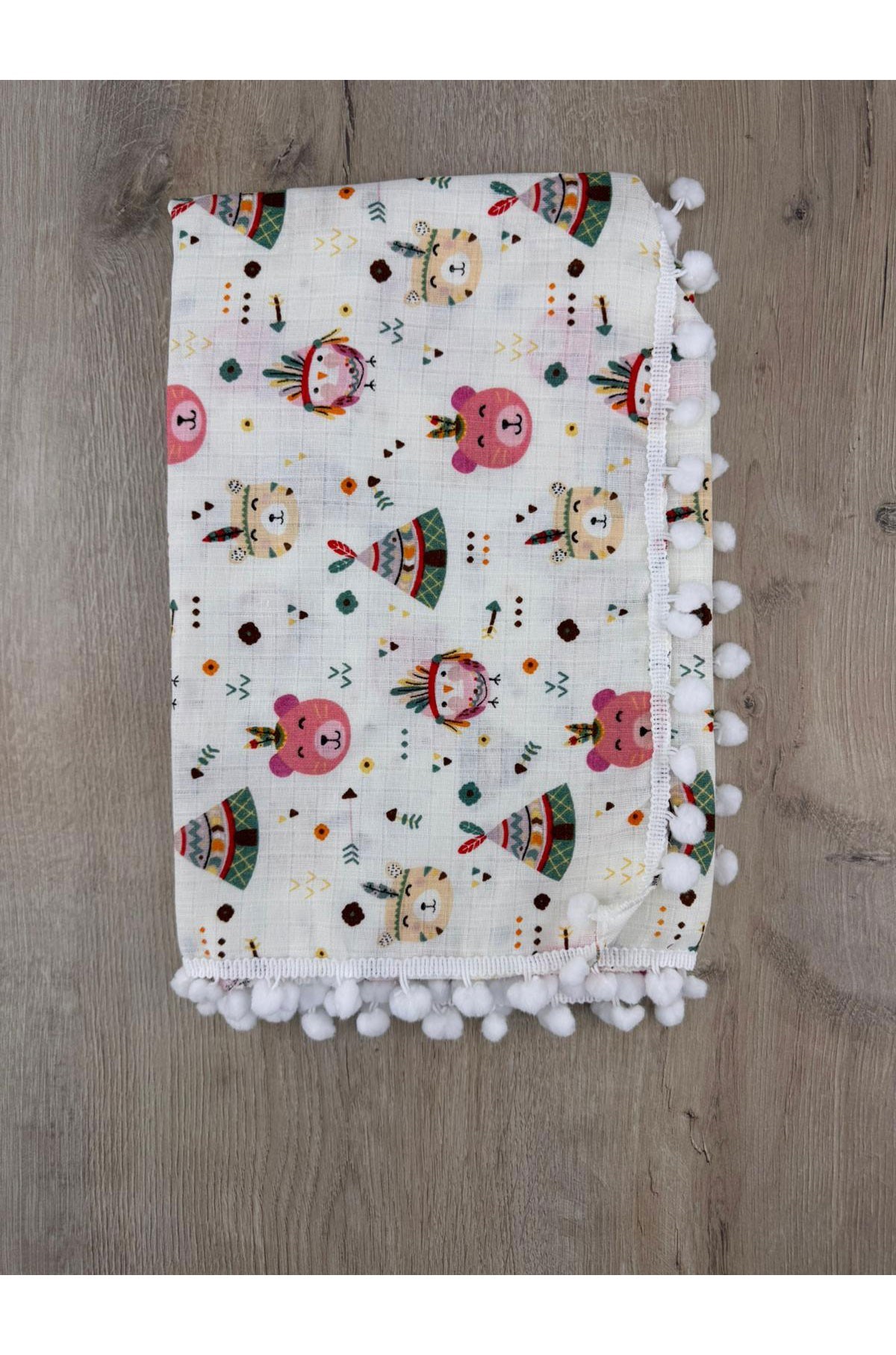#260310 Pembe Ayıcık Desenli Ponponlu Müslin Battaniye