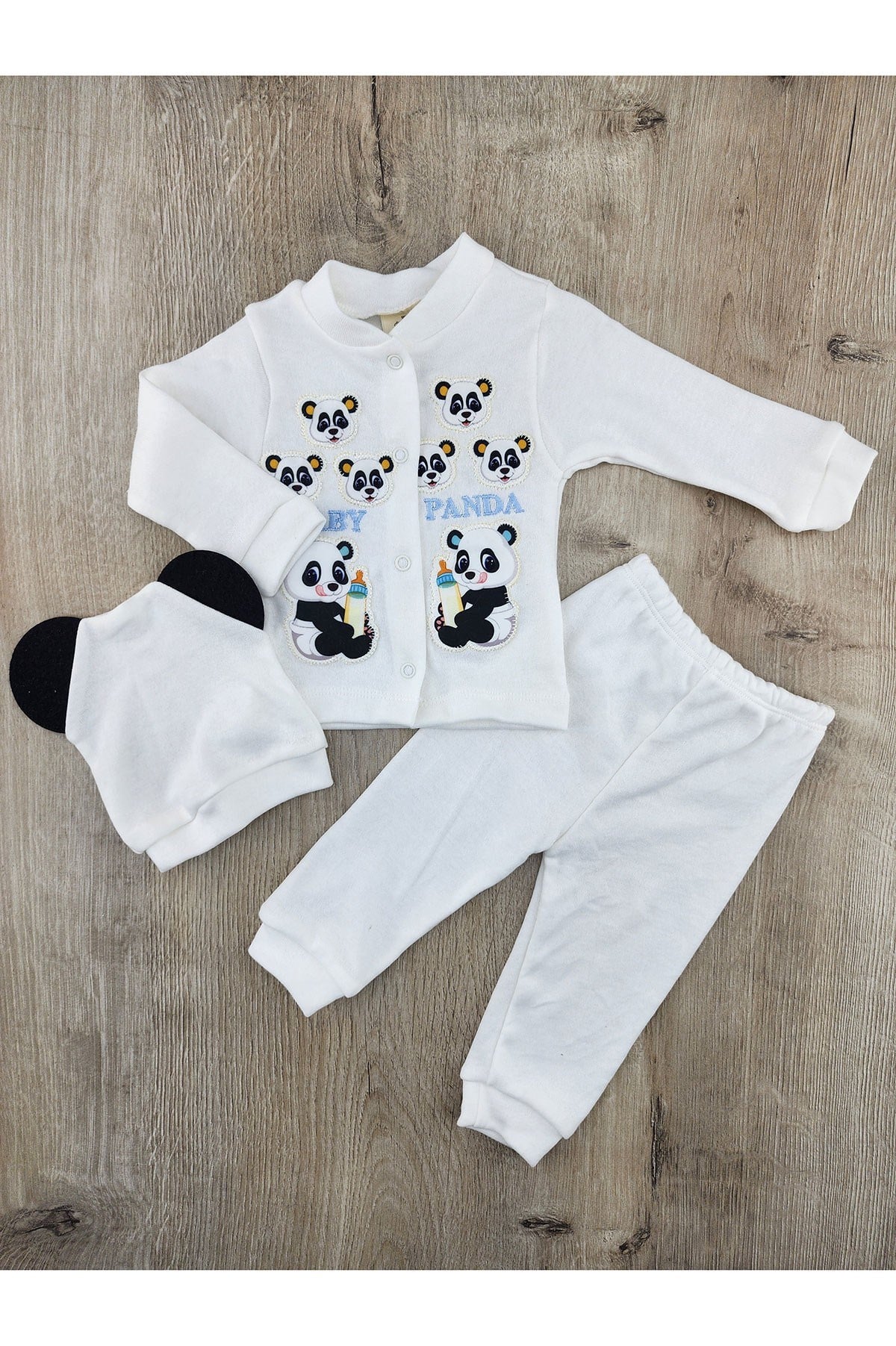 #260454 (3-12 Ay) Biberon-Panda Desenli Önden Çıtçıtlı Şapkalı Takım