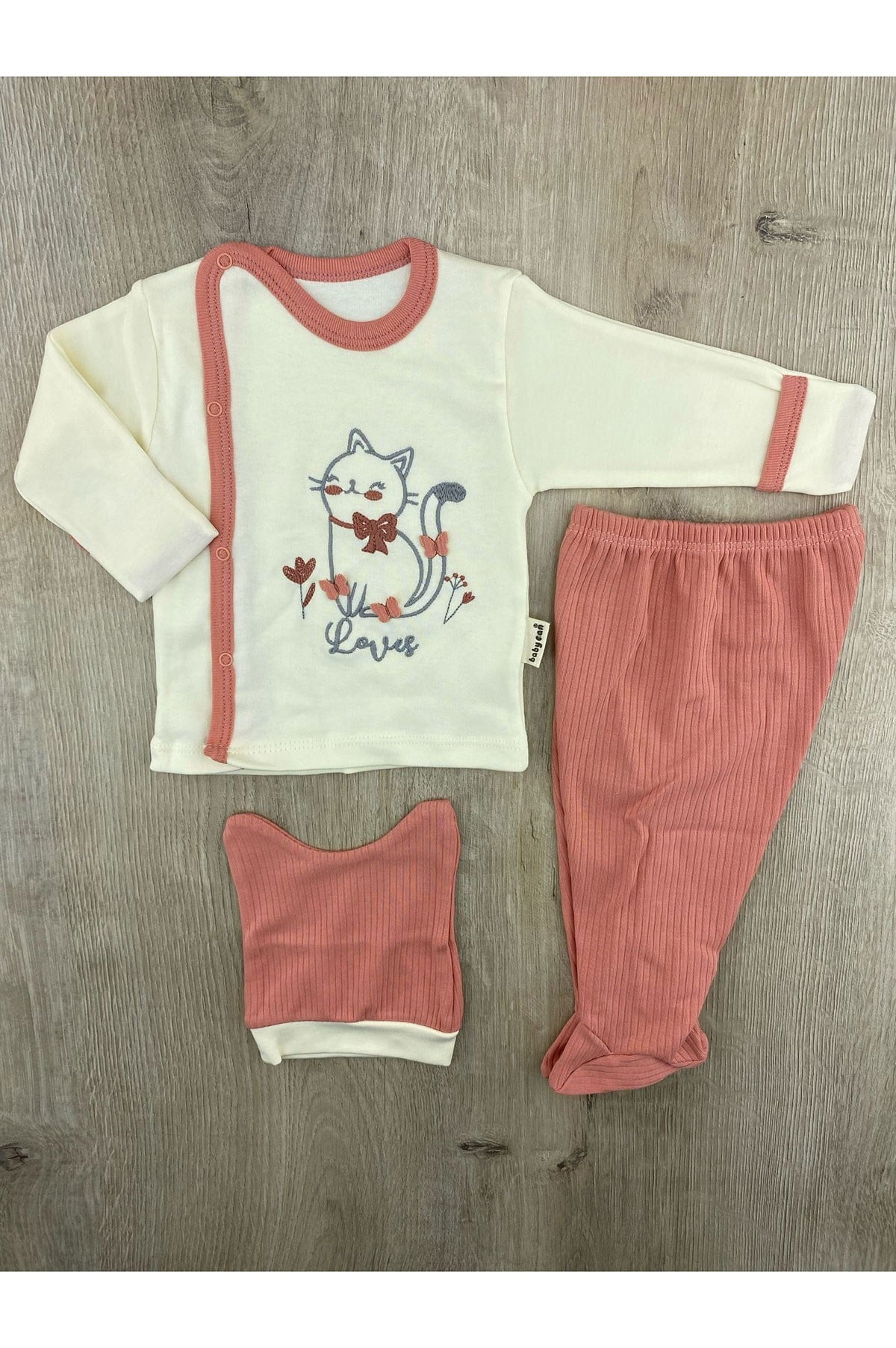 Babycan 9394 Kelebekli Kedi Desenli Kendinden Eldivenli Şapkalı Zıbın Takımı