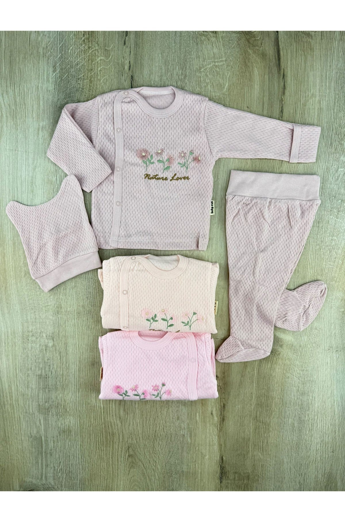 Babycan 9468 (0-3 Ay) 3 PApatya Desenli Waffle Kumaş Kendinden Eldivenli Şapkalı Zıbın Takımı