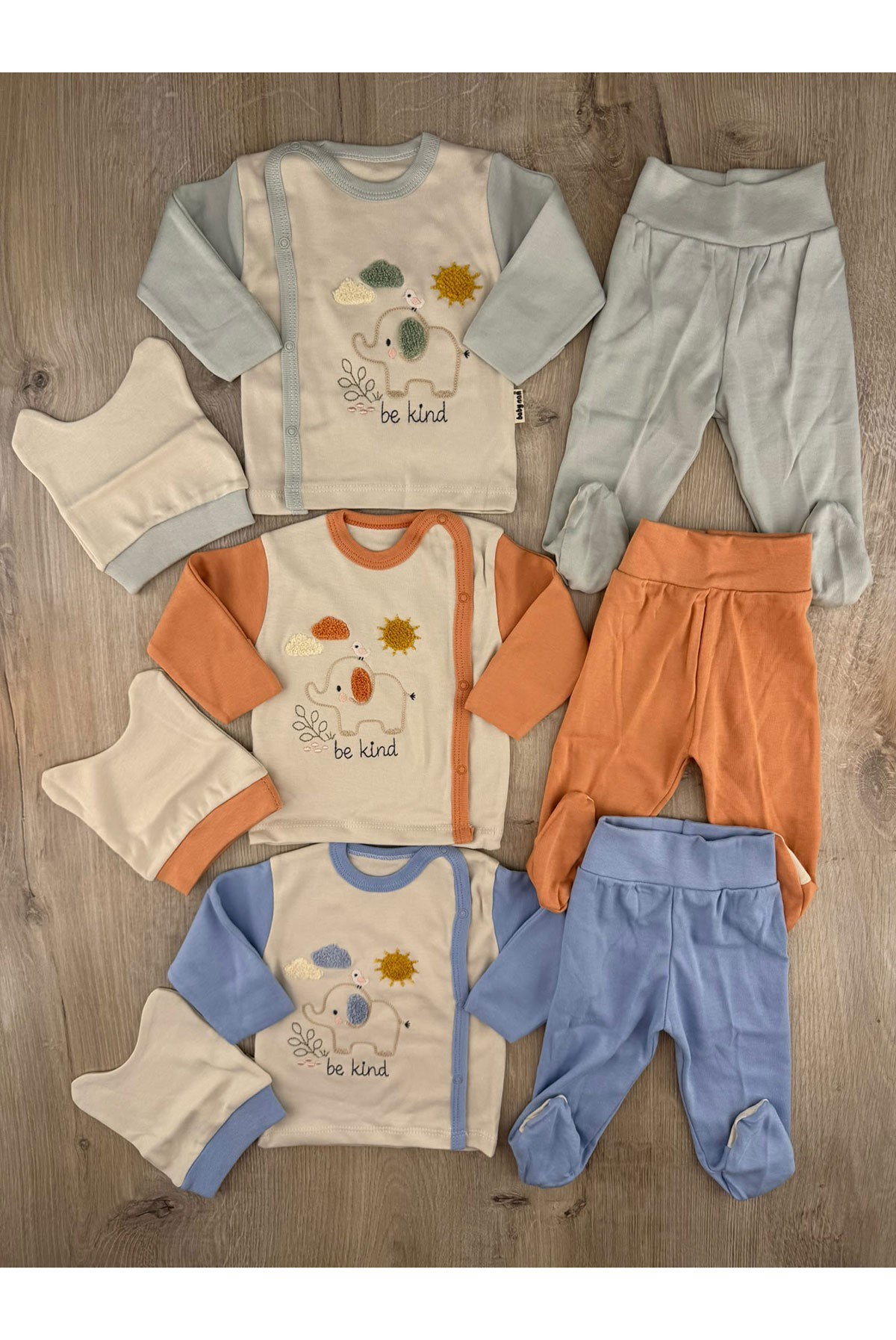 Babycan 9472 (0-3 Ay) Süzene Fil Desenli Kendinden Eldivenli Şapkalı Zıbın Takımı