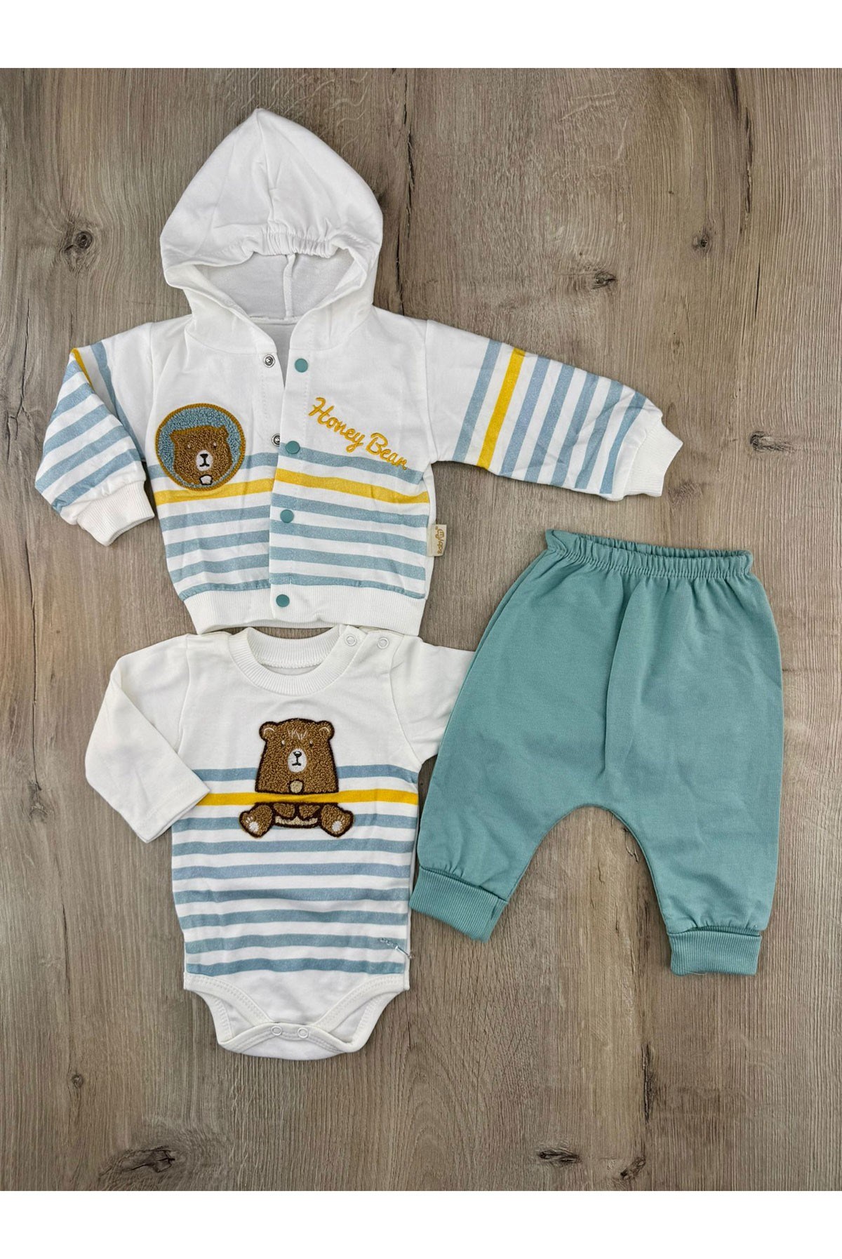 Babyim (0-9 Ay) 2033 Çizgili Sevimli Ayıcık Desenli Hırkalı 3Lü Takım