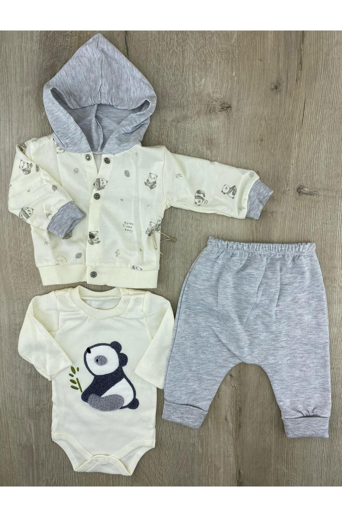 Babyim (0-9 Ay) Panda Desenli Hırkalı 3Lü Takım