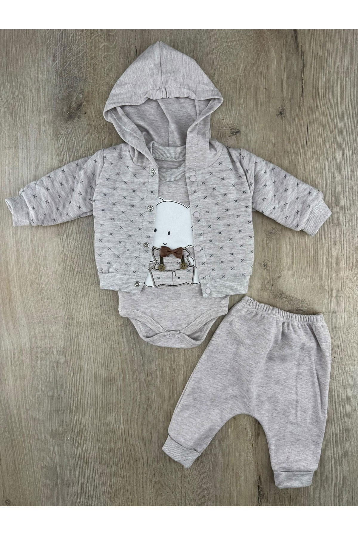 Babyim (0-9 Ay) Papyonlu Fil Desenli Hırkalı 3Lü Takım