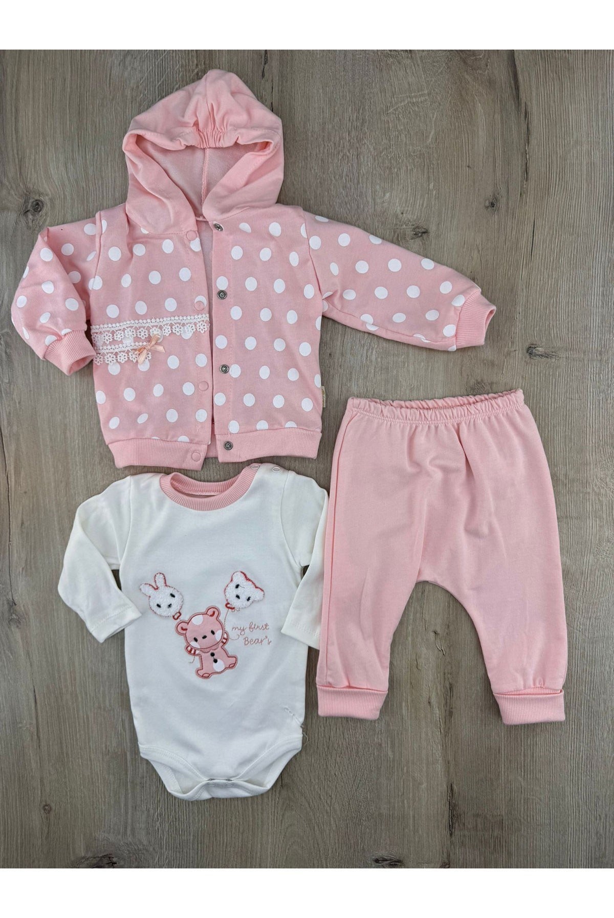 Babyim (0-9 Ay) Puanlı Ayıcıklar Desenli 3Lü Hırkalı Takım