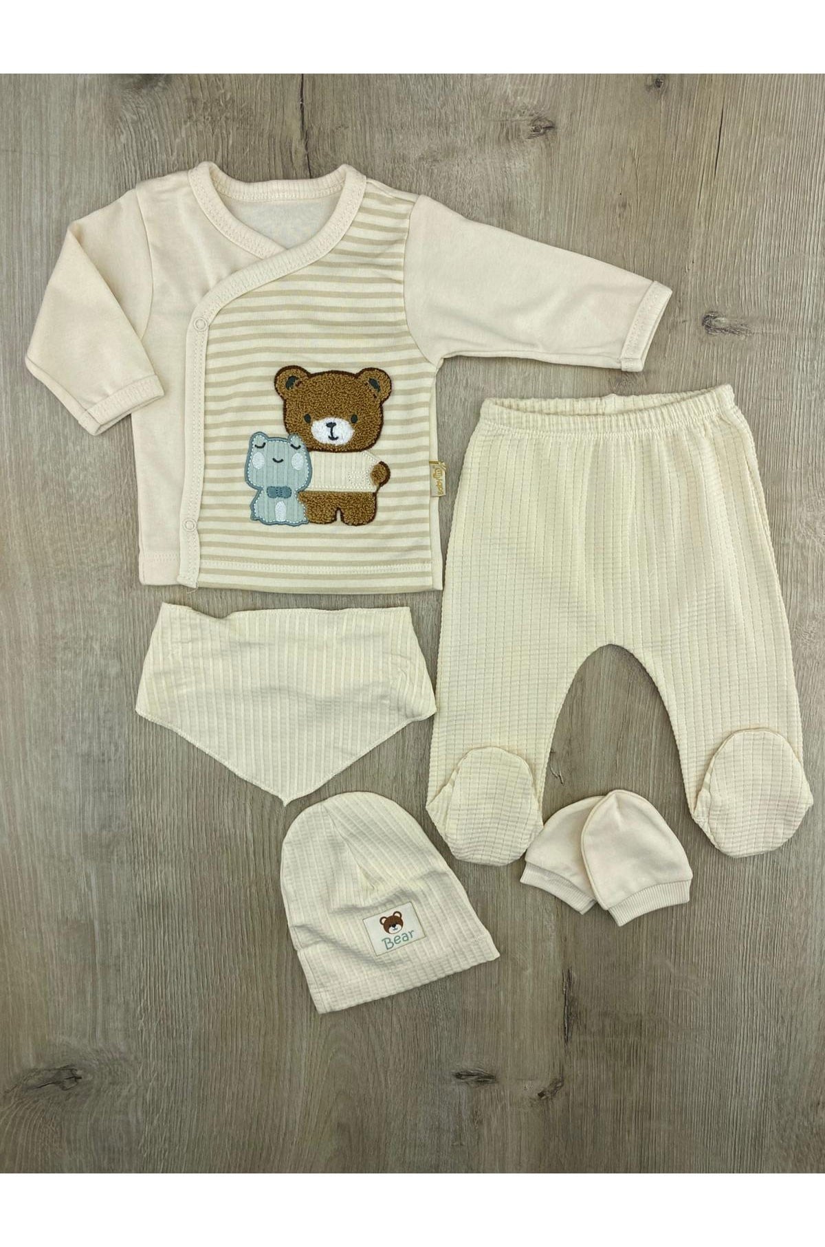 Babyim 2211 (0-3 Ay) Çizgili Kurbağa Ayıcık Desenli 5Li Zıbın Takımı