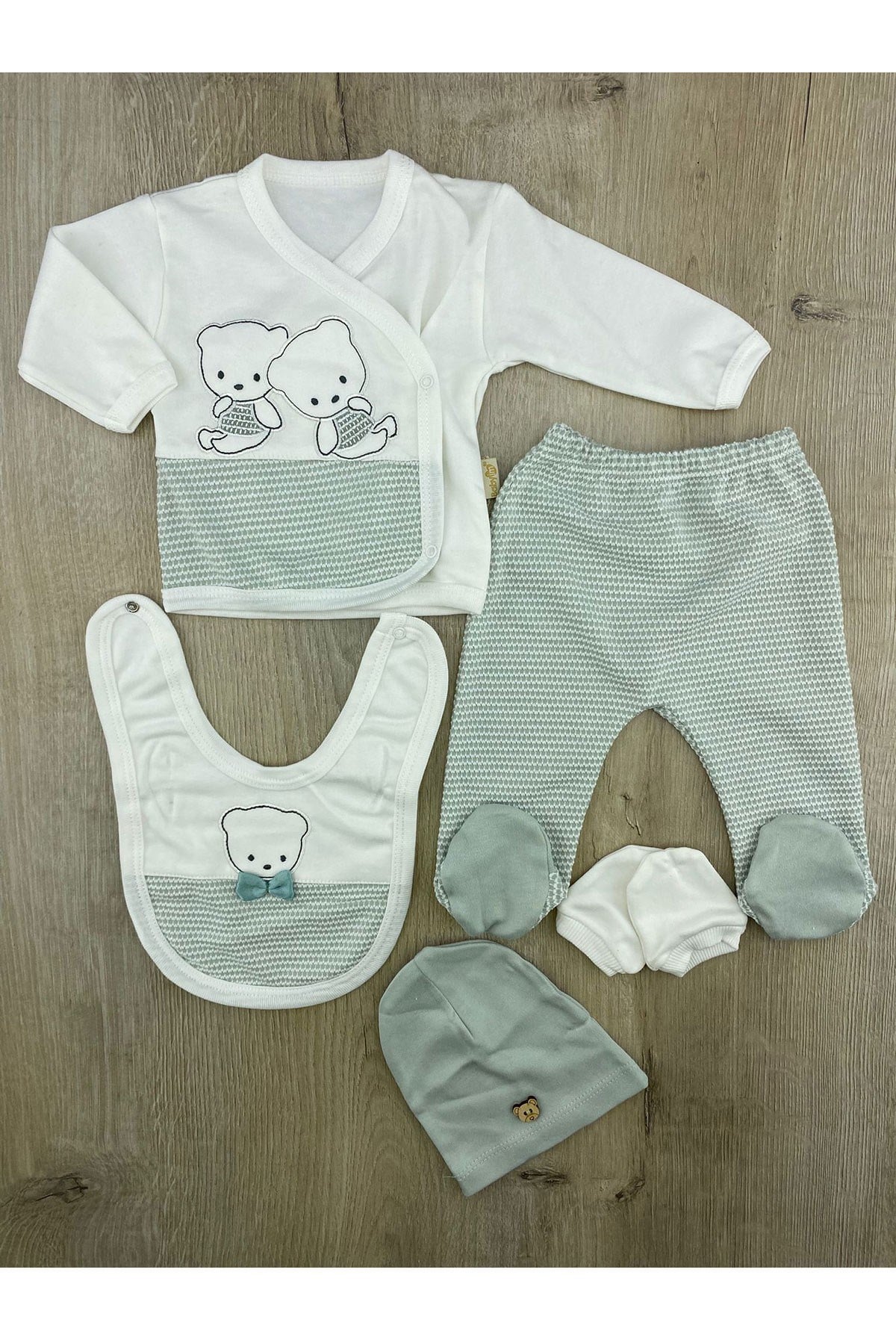 Babyim 2252 İki Ayıcık Desenli Waffle Kumaş 5'li Set