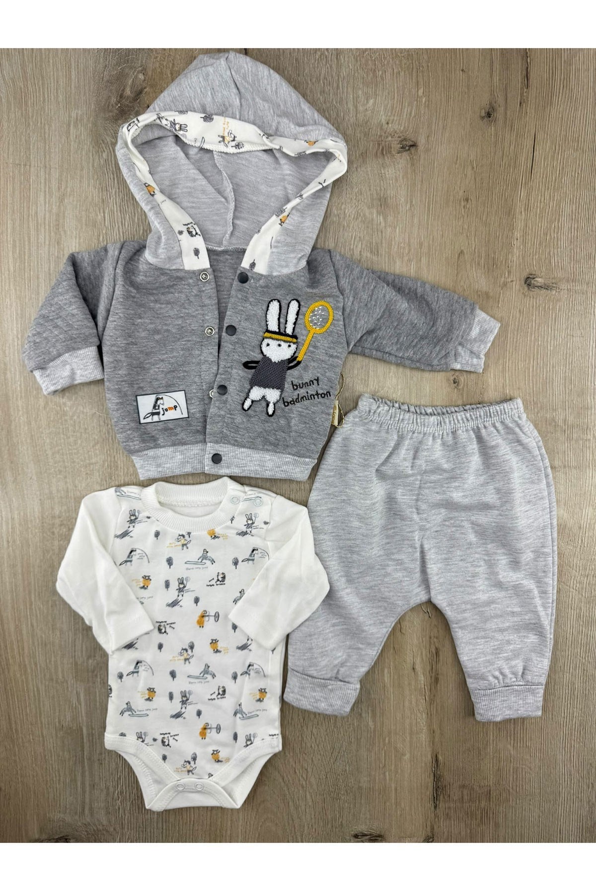 Babyim 2262 (0-9 Ay) Tenisçi Tavşan Desenli Hırkalı 3Lü Takım