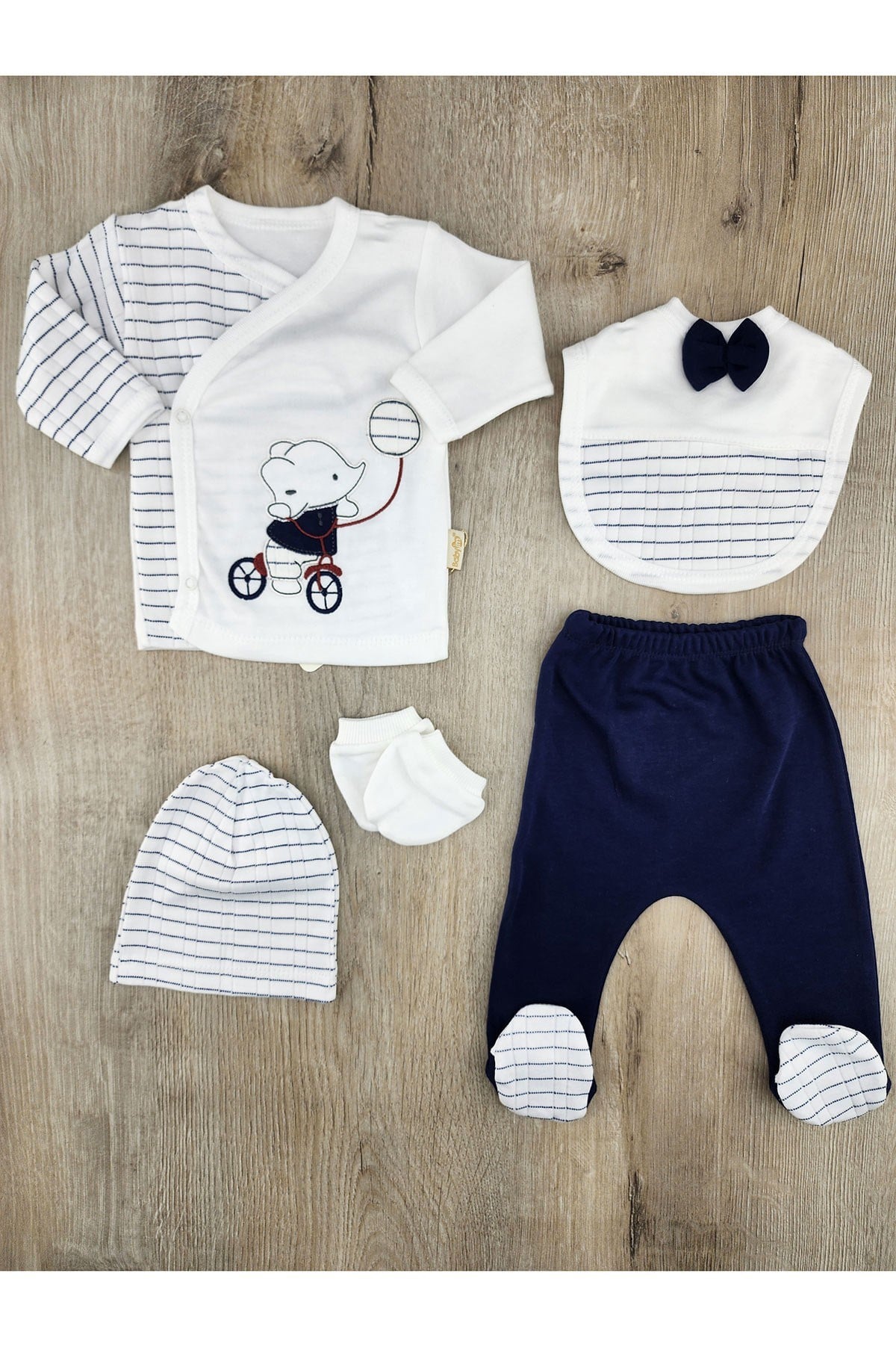 Babyim 2296 (0-3 Ay) Bisiklet Süren Fil Desenli Papyonlu Zıbın Takımı