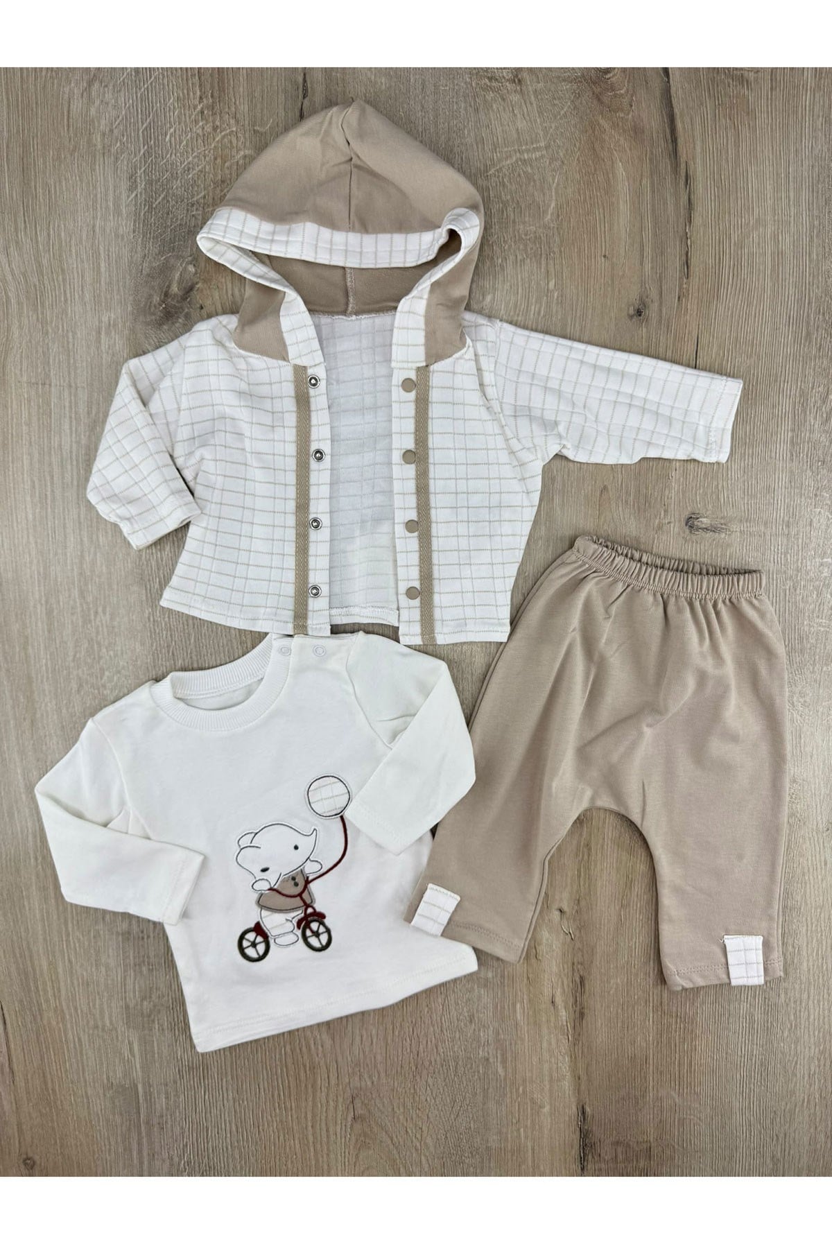Babyim 2350 (0-9 Ay) Bisiklet Süren Fil Desenli Hırkalı 3Lü Takım
