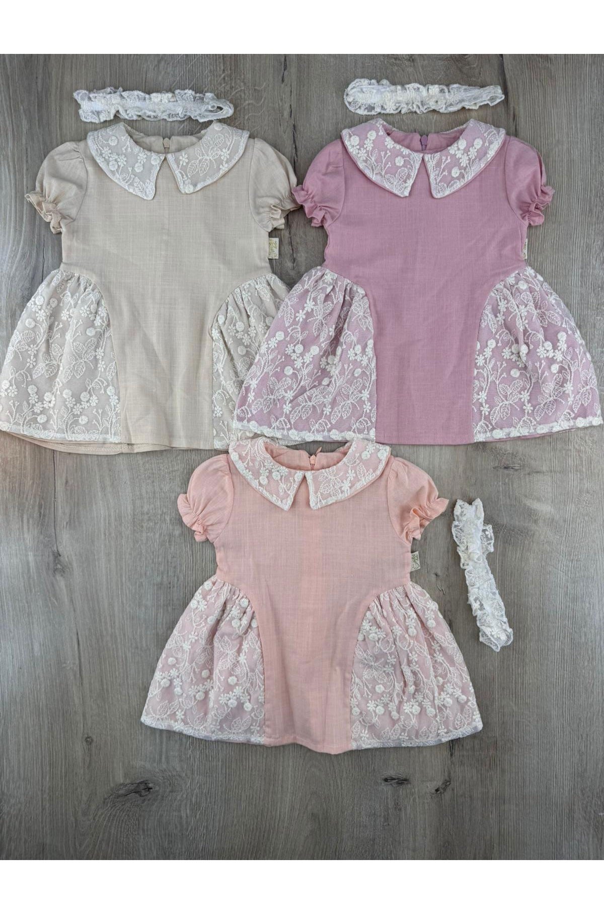 Çilek Bebe (9-24 Ay) 3253 Yandan Dantelli Bandanalı Keten Elbise