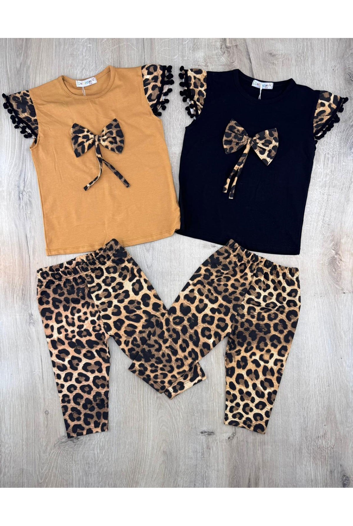 Defne (3-10 Yaş) Fiyonklu Leopar Desenli Taytlı Takım