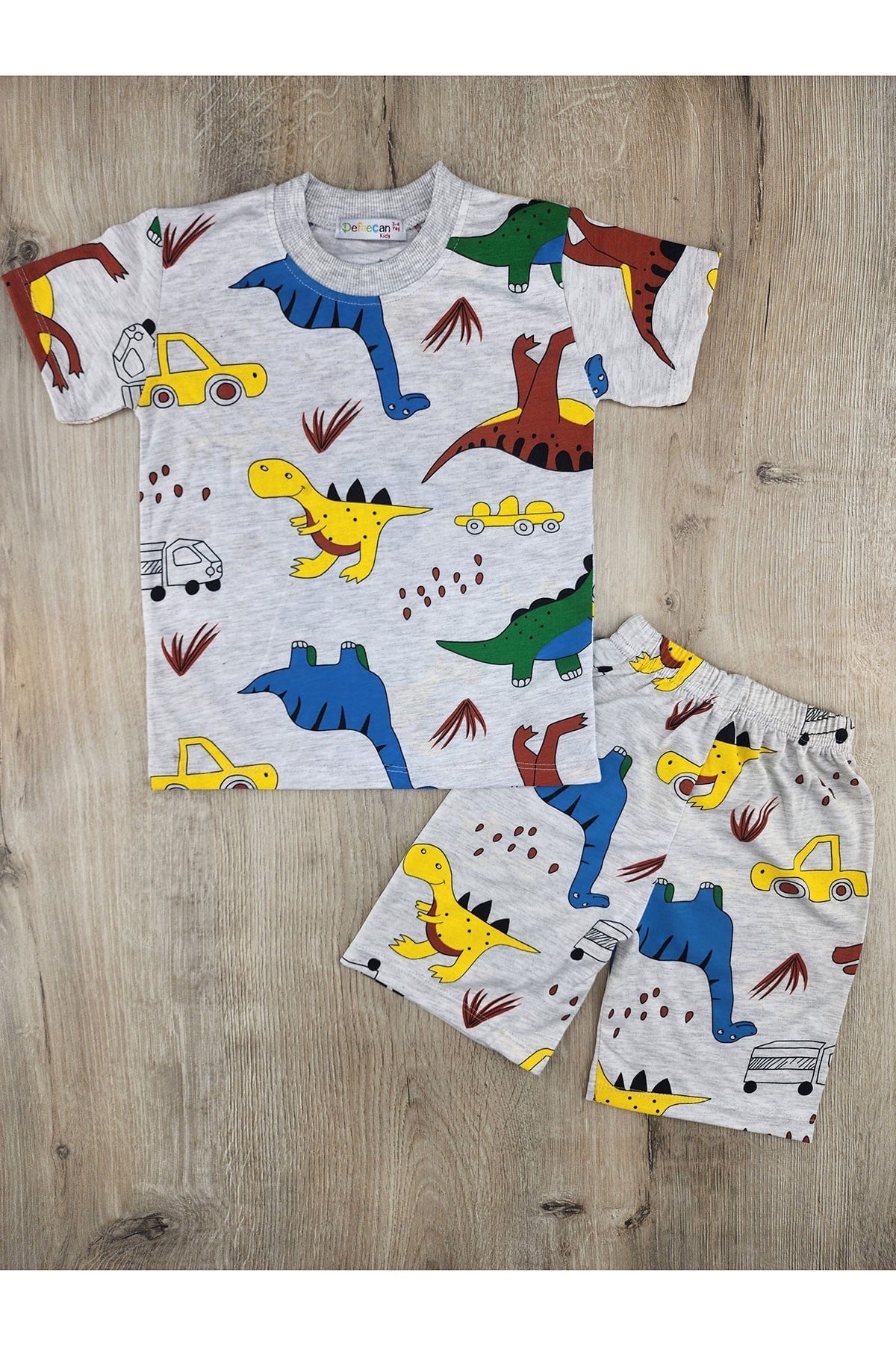 Defne (3-10 Yaş) Renkli Dinozor Desenli Şortlu Takım