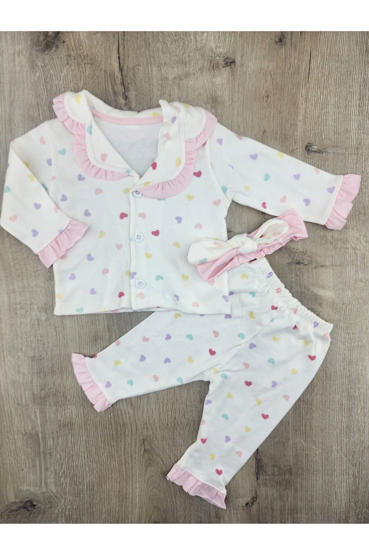 Dolaş (6-24 Ay) Renkli Minik Kalp Desenli Önden Düğmeli Pijama Takımı