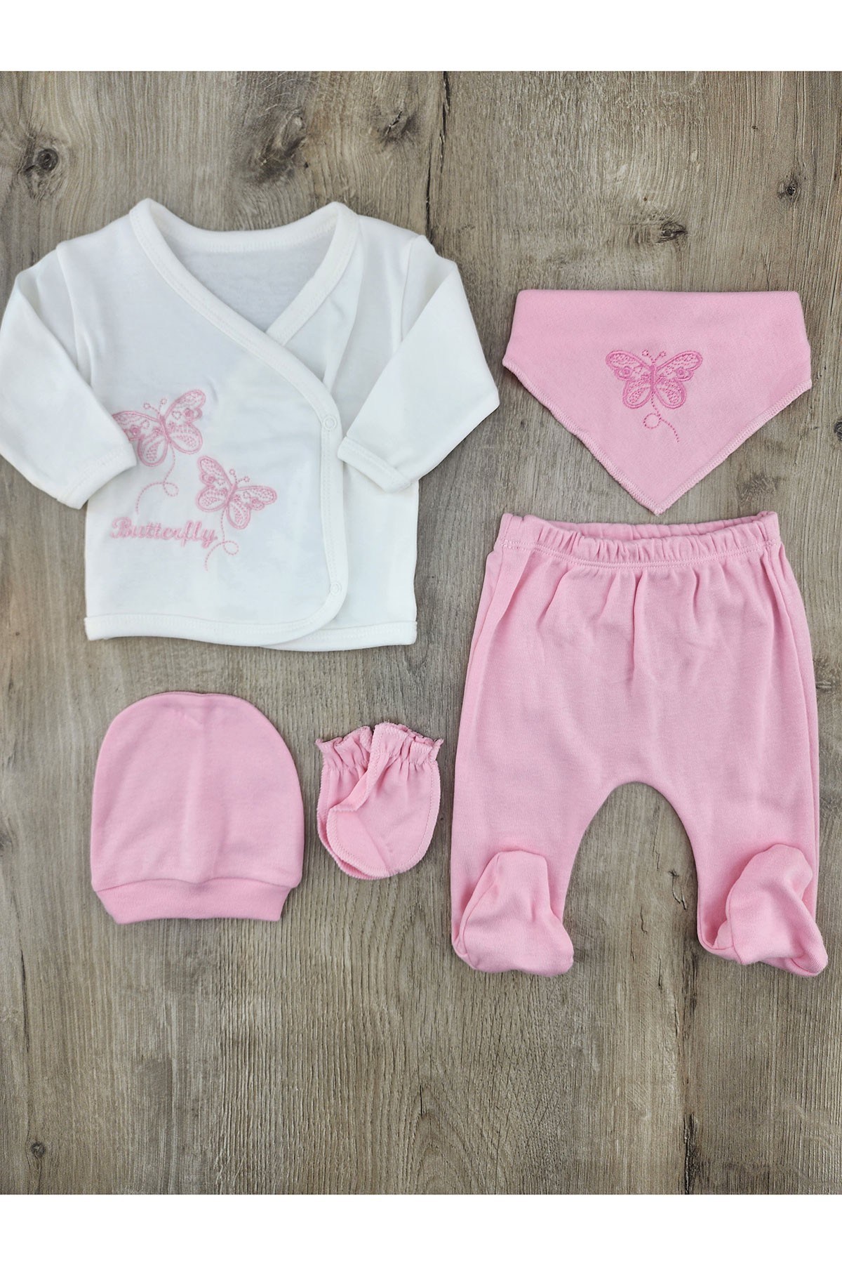 Gonca Bebe (0-3 Ay) Kelebek Desenli 5Li Zıbın Takımı