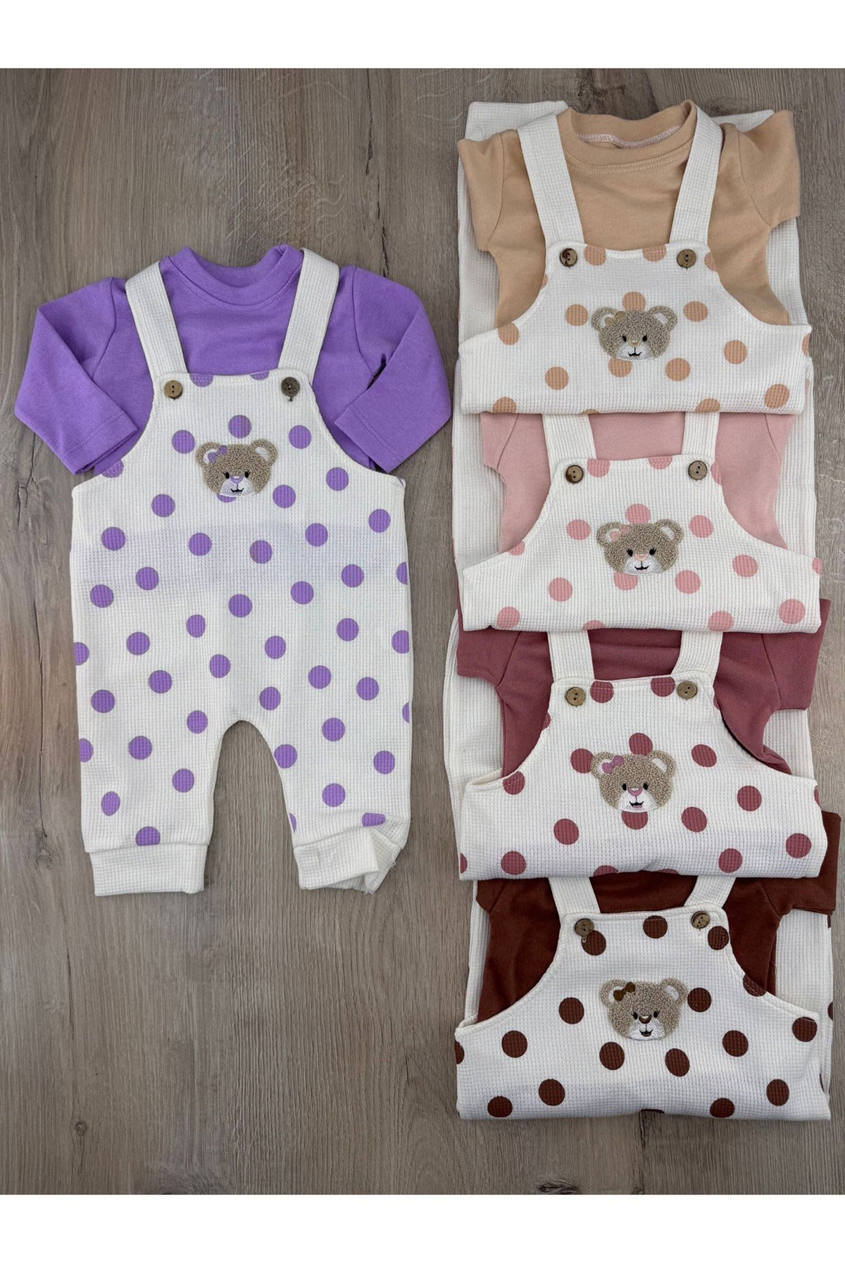 Gözde Baby (6-24 Ay) Puanlı Fiyonklu Ayıcık Desenli Badili Waffle Kumaş Slopet