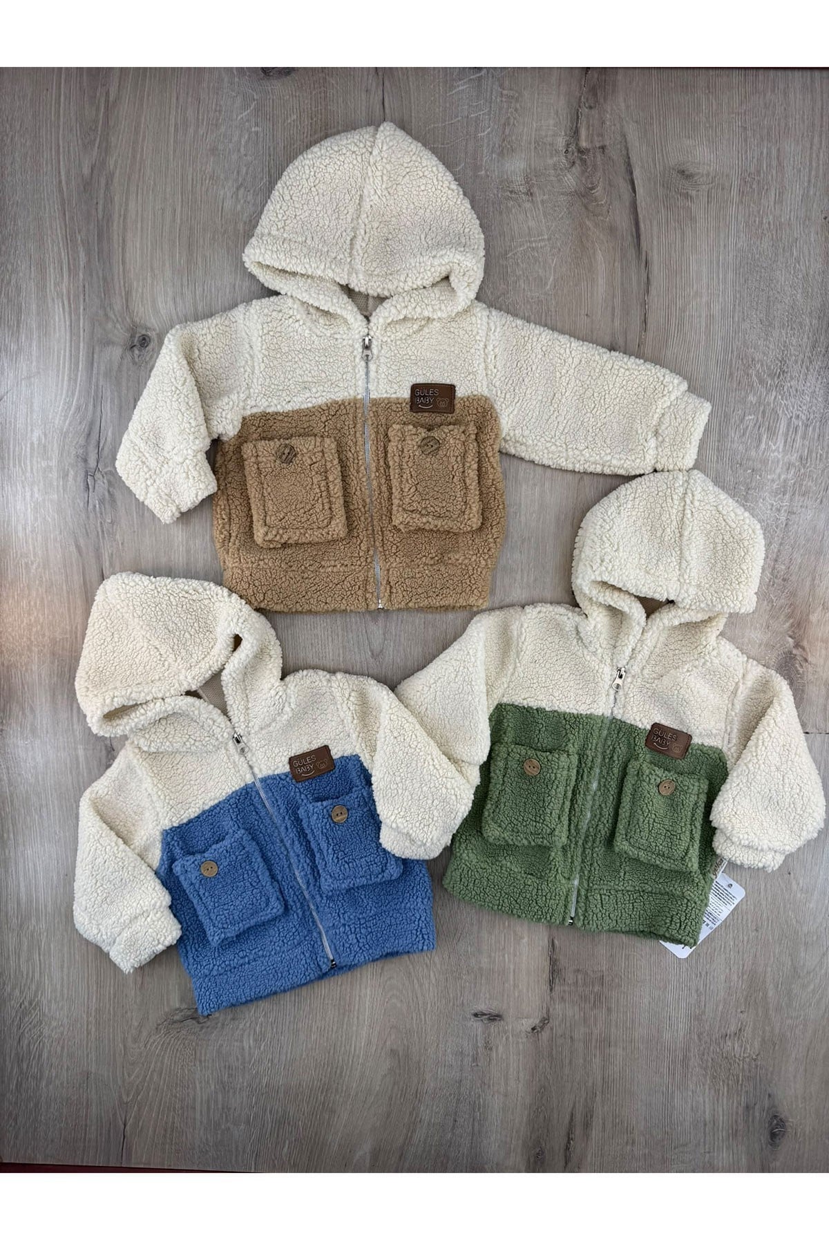Güleş Bebe (9-12-18 Ay) Çift Cepli Kapşonlu Peluş Hırka