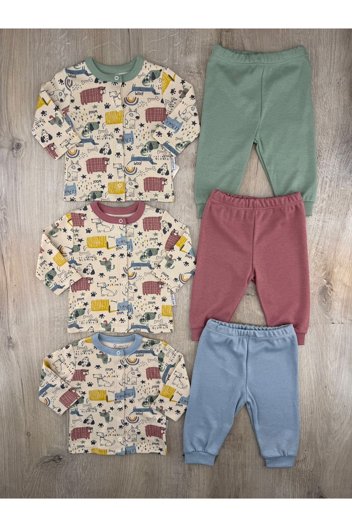 Gümüş Baby (3-6-9 Ay) Woof Desenli Önden Çıtçıtlı Pijama Takımı
