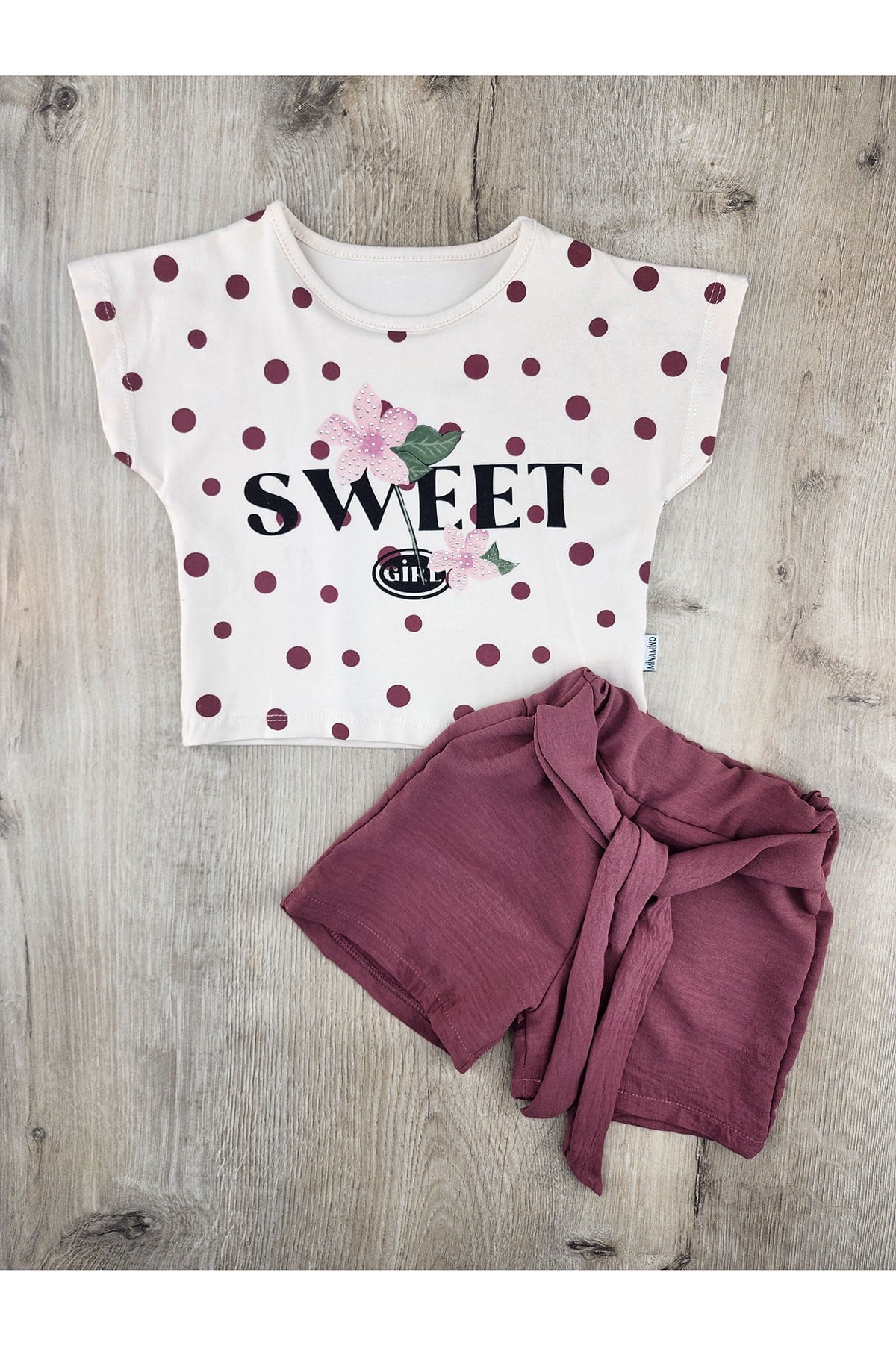 Minamino (2-5 Yaş) Sweet Desenli Taşlı Müslin Şortlu Takım