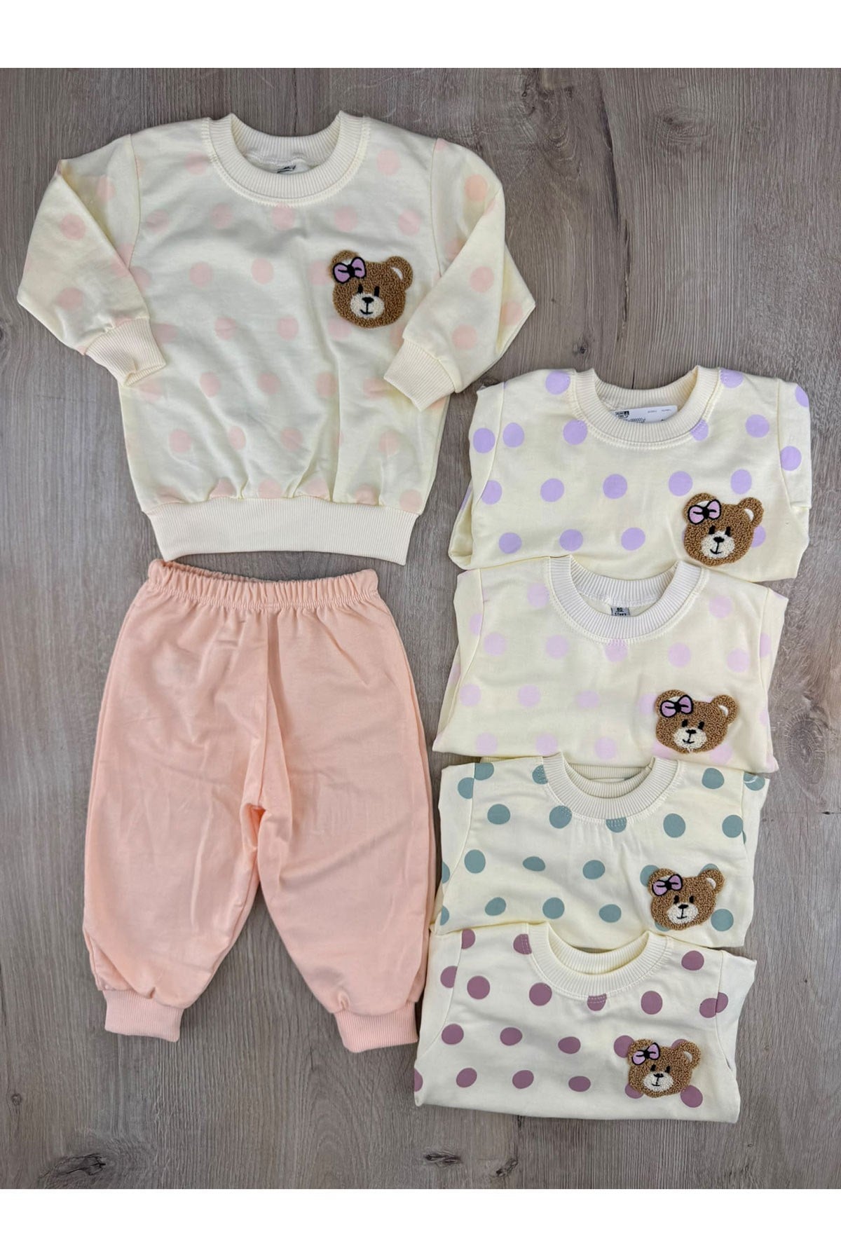Minibird (1-2-3 Yaş) Puanlı Fiyonklu Ayıcık Desenli Mevsimlik Takım