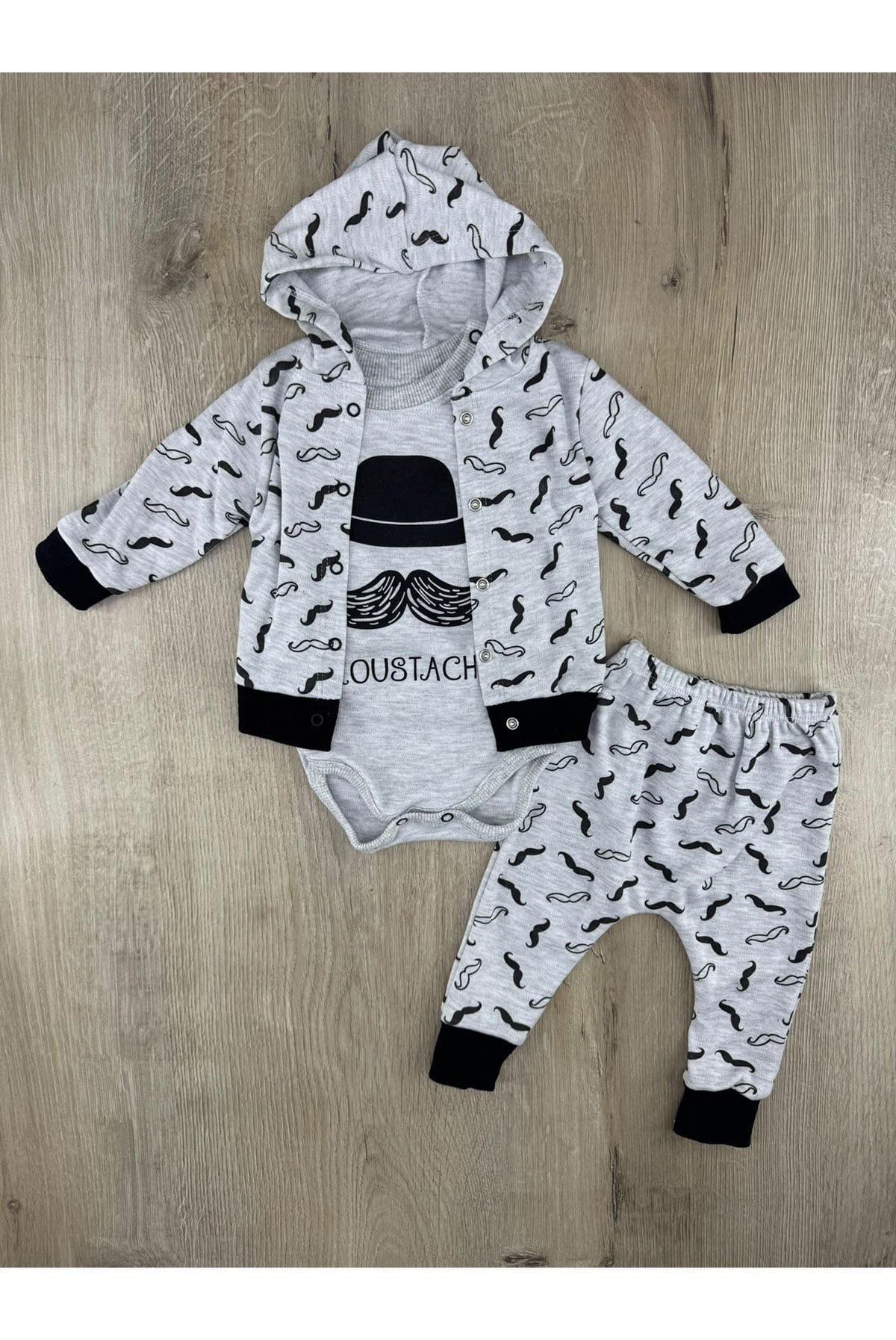 Minibird-41 (0-9 Ay) Bıyık Desenli 3Lü Hırkalı Takım