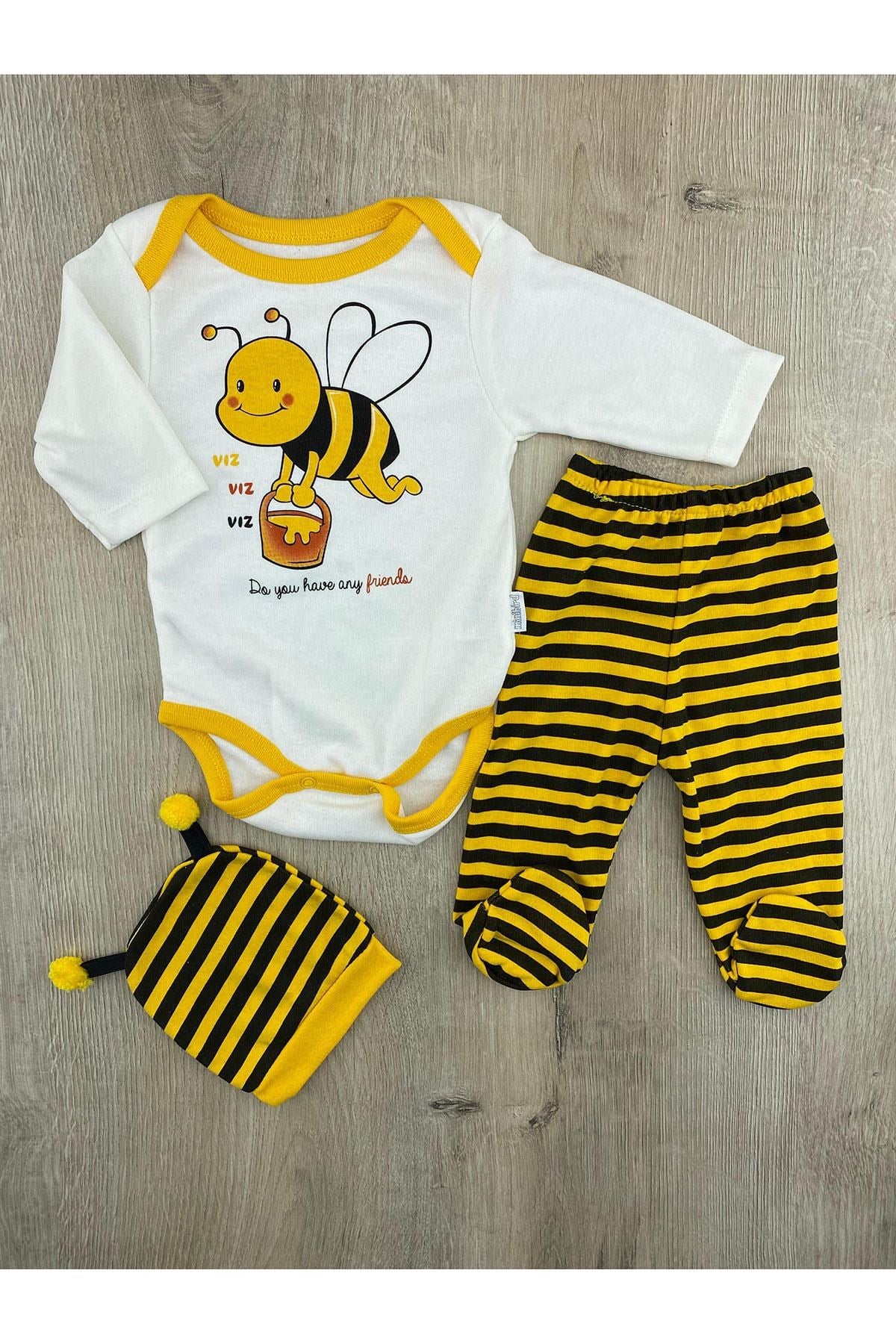Minibird(3-6 Ay)Arı Desenli Şapkalı Çıtçıtlı Badili Takım