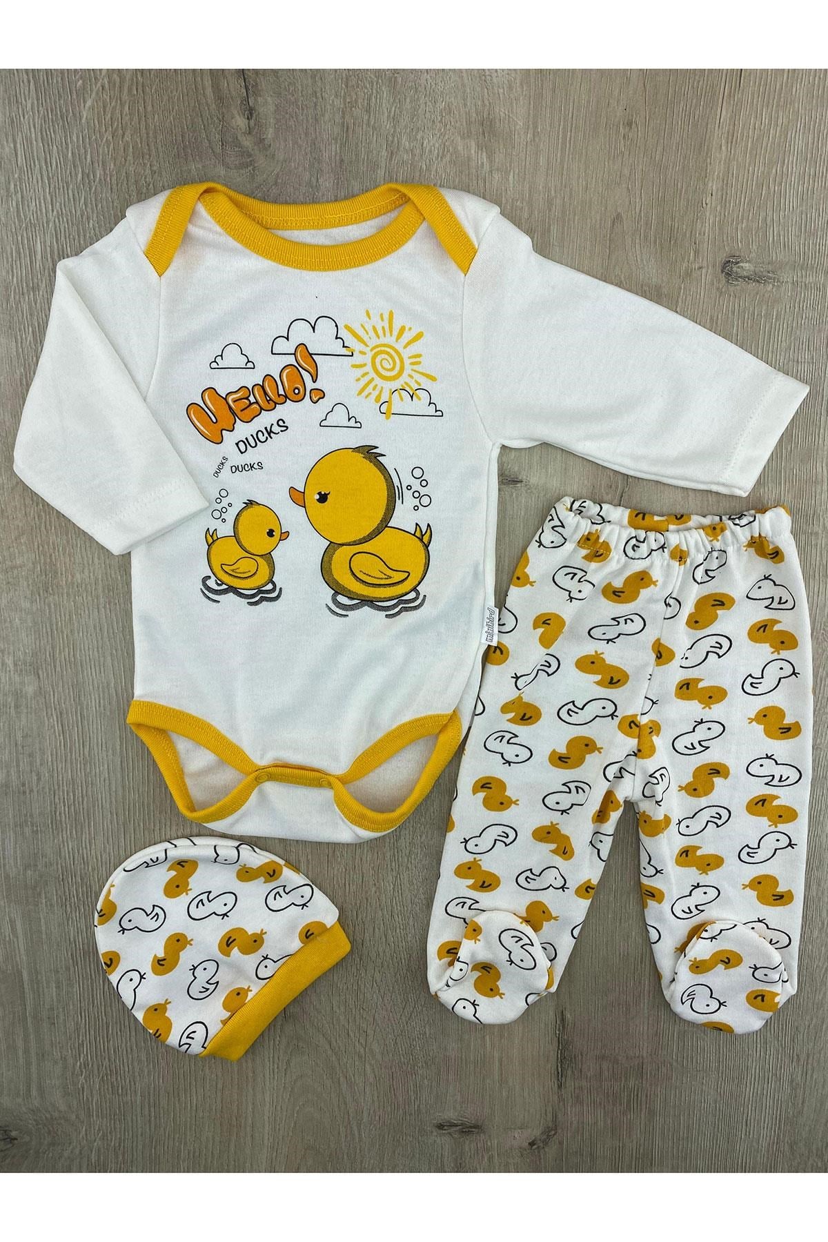Minibird(3-6 Ay)Civciv Desenli Çıtçıtlı Badili Şapkalı Takım