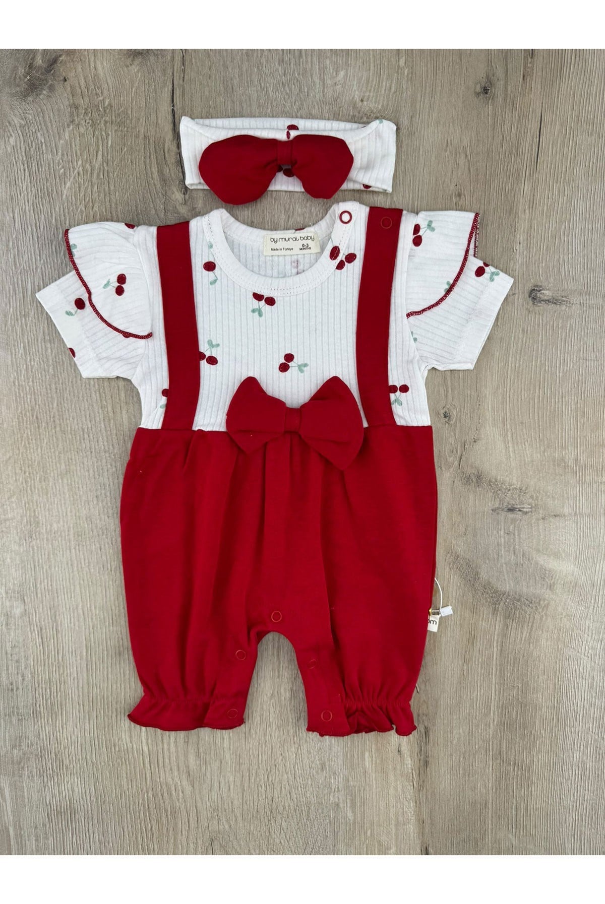Murat Baby (0-12 Ay) Kiraz Desenli Saç Bantlı Kısa Tulum