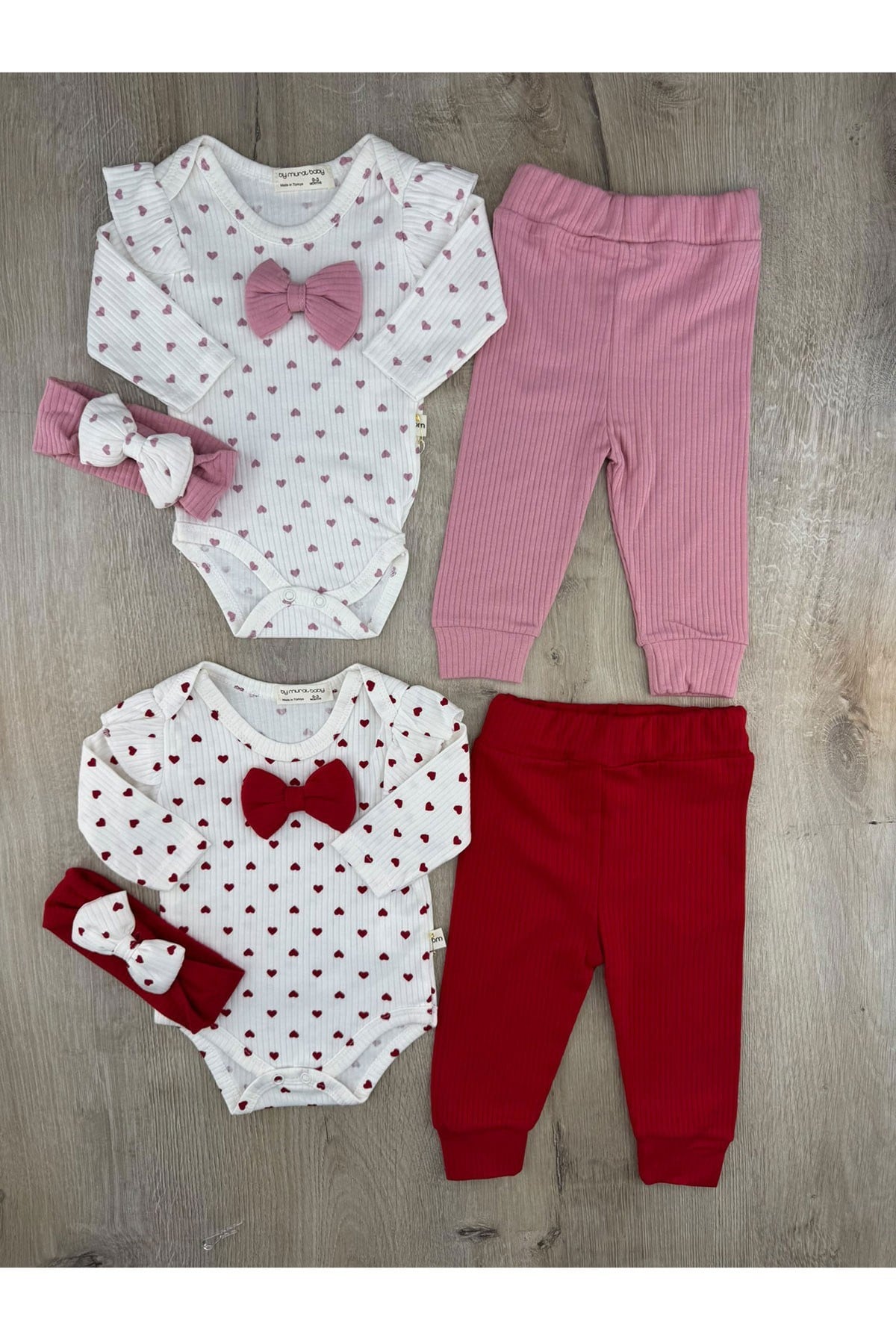 Murat Baby (0-6 Ay) Minik Kalp Desenli Fiyonklu Saç Bantlı Çıtçıtlı Badili Takım