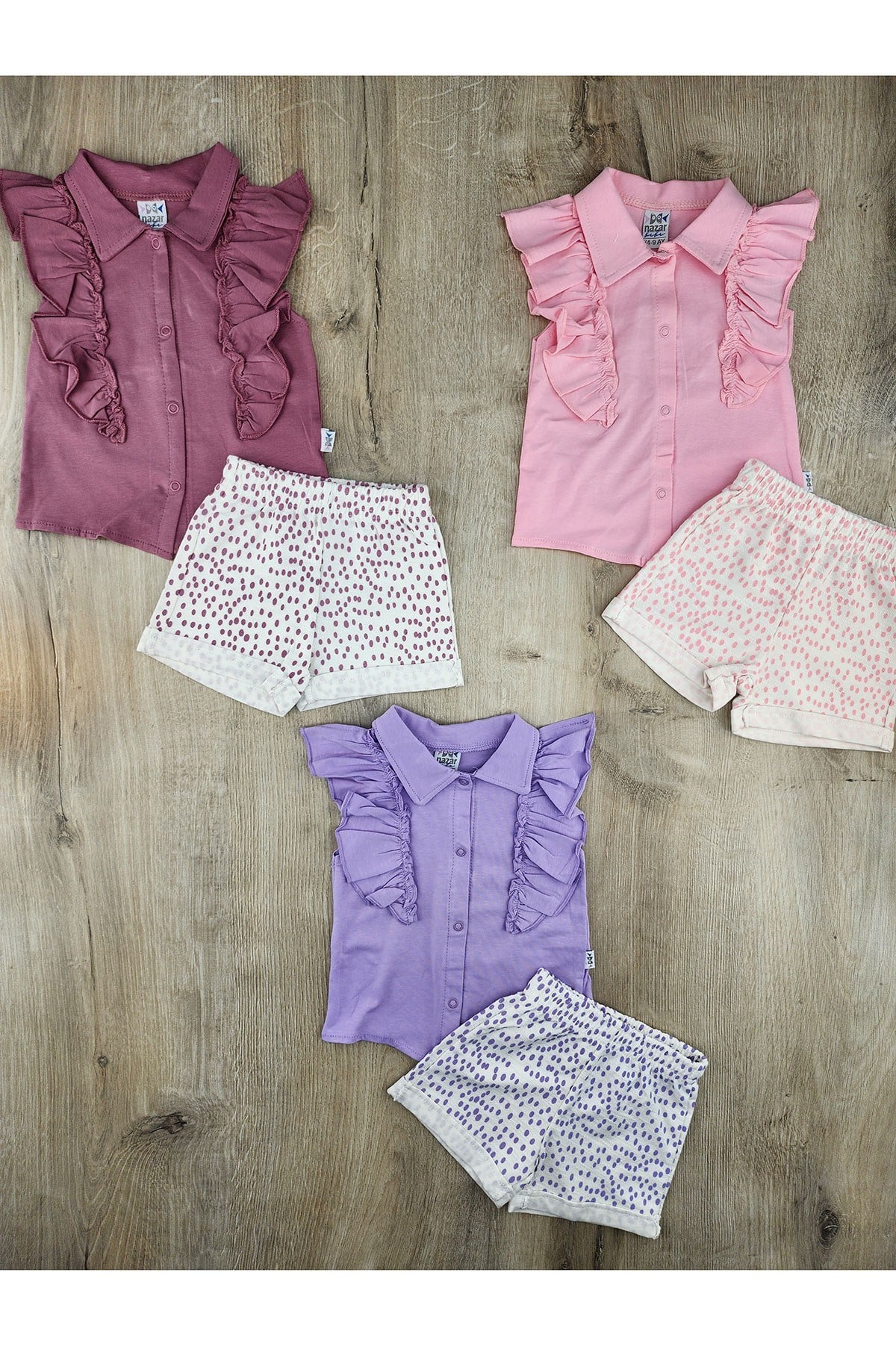Nazar Bebe 26441 (9-24 Ay) Puan Desenli Fırfırlı Şortlu Takım